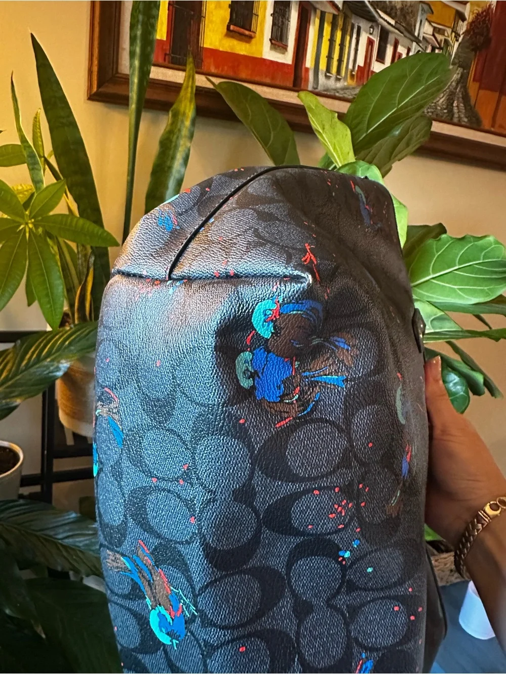 Authentic Coach Black Signature Tote with Blue Accent Floral Print